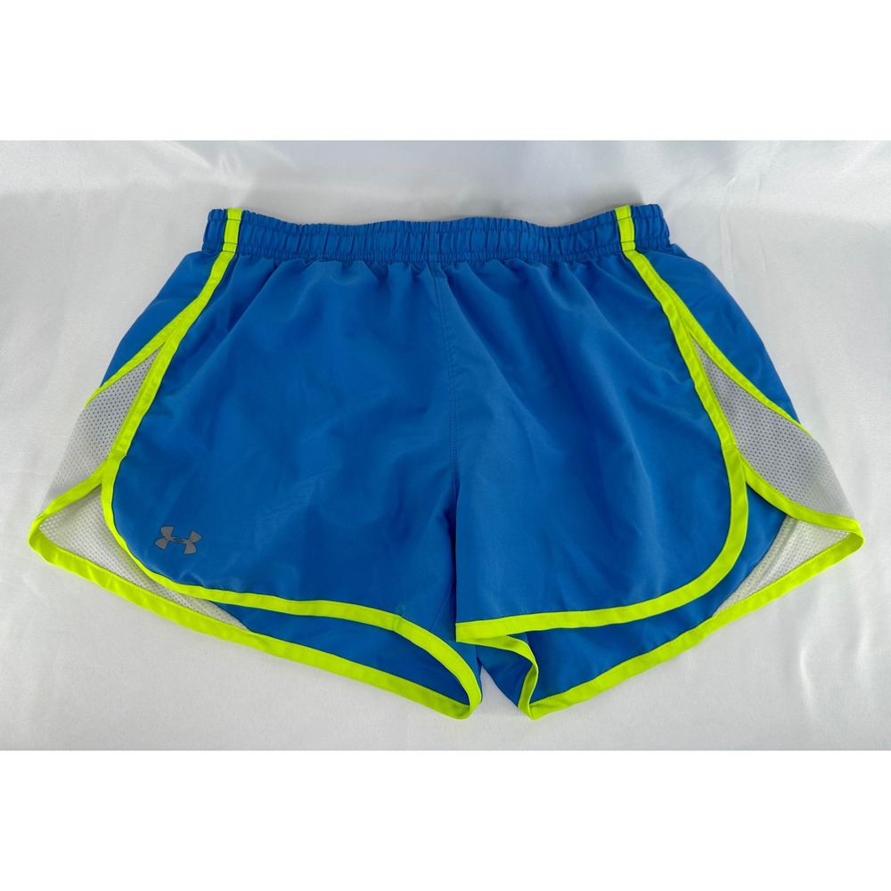 Under Armour Running Shorts Womens Small Blue Neon Yellow HeatGear Semi-Fitted